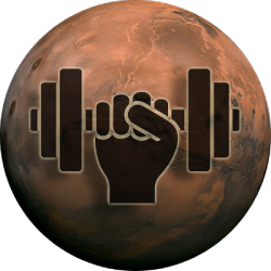 a depiction of a dumbbell superimposed on the planet Mars